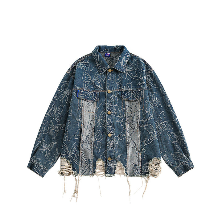 Unisex Oversize-Jeansjacke mit floraler Stickerei, Kontrastpaneelen und ausgefranstem Saum Drune