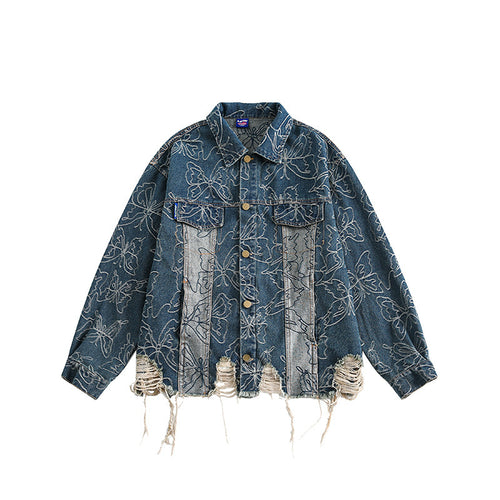 Unisex Oversize-Jeansjacke mit floraler Stickerei, Kontrastpaneelen und ausgefranstem Saum Drune