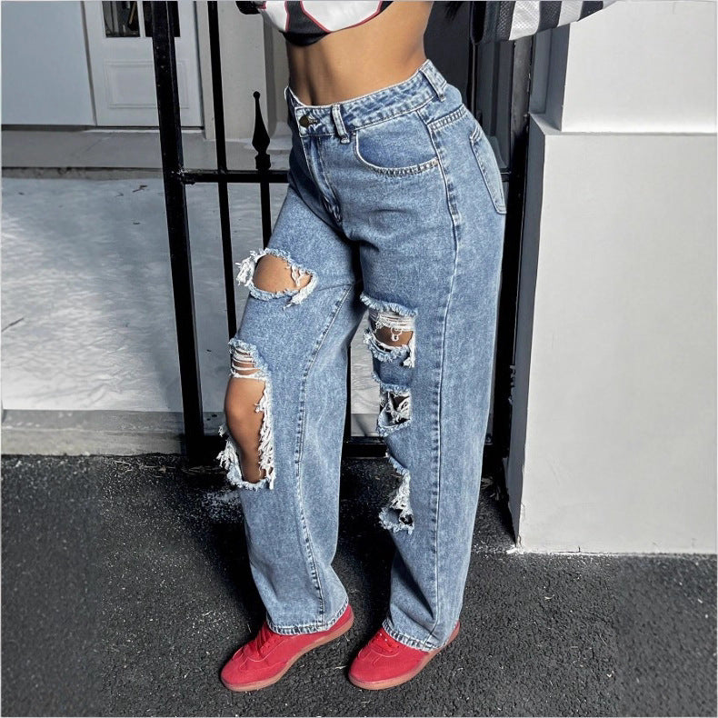 Damen Hochtaillierte Destroyed Baggy-Jeans mit weitem Bein und Knie‑Rips Drune