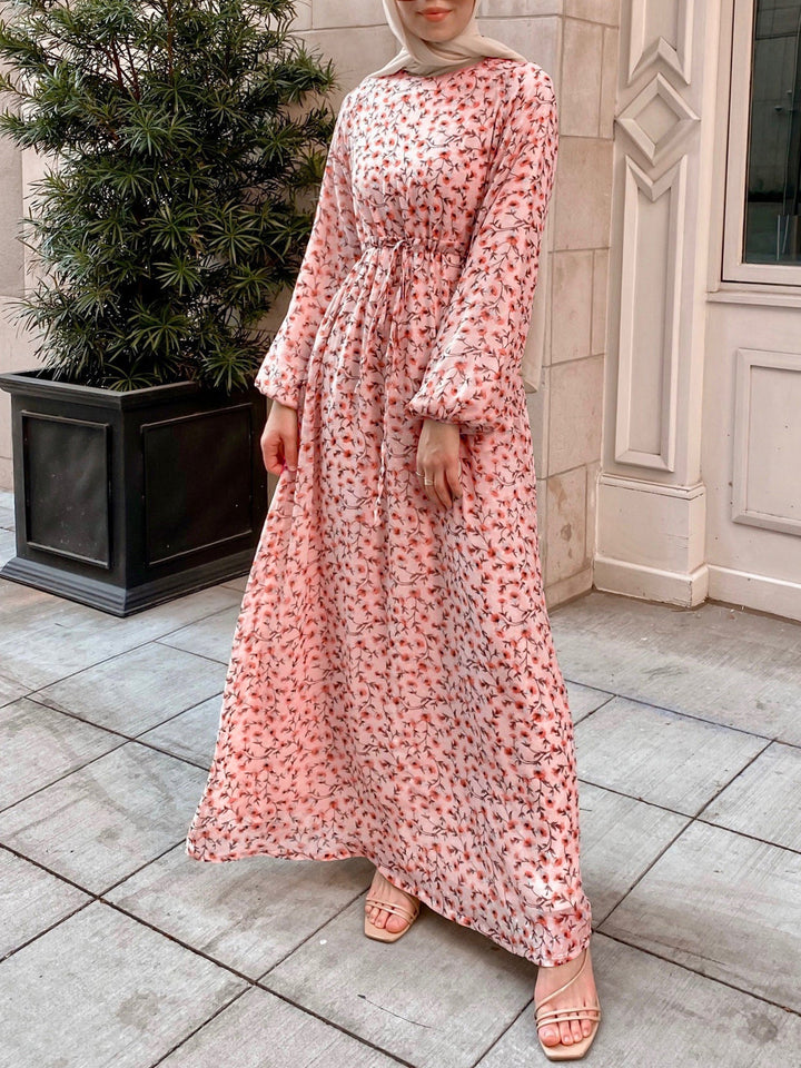 Damen Geblümtes Maxikleid mit Kordel-Taille und Ballonärmeln Drune