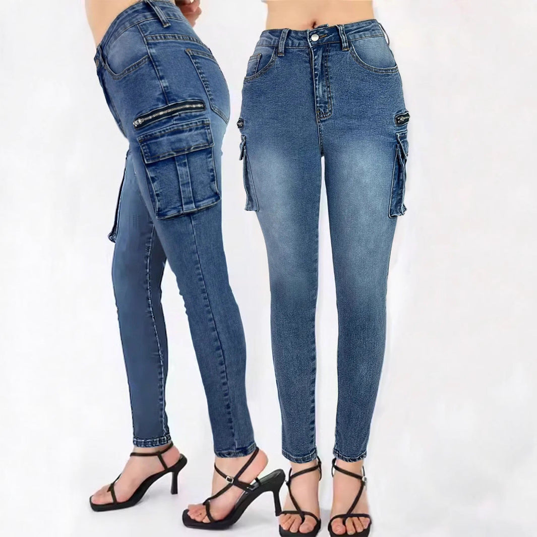 Damen High‑Waist Slim‑Cargo‑Jeans mit Klappentaschen und Reißverschluss-Details Drune