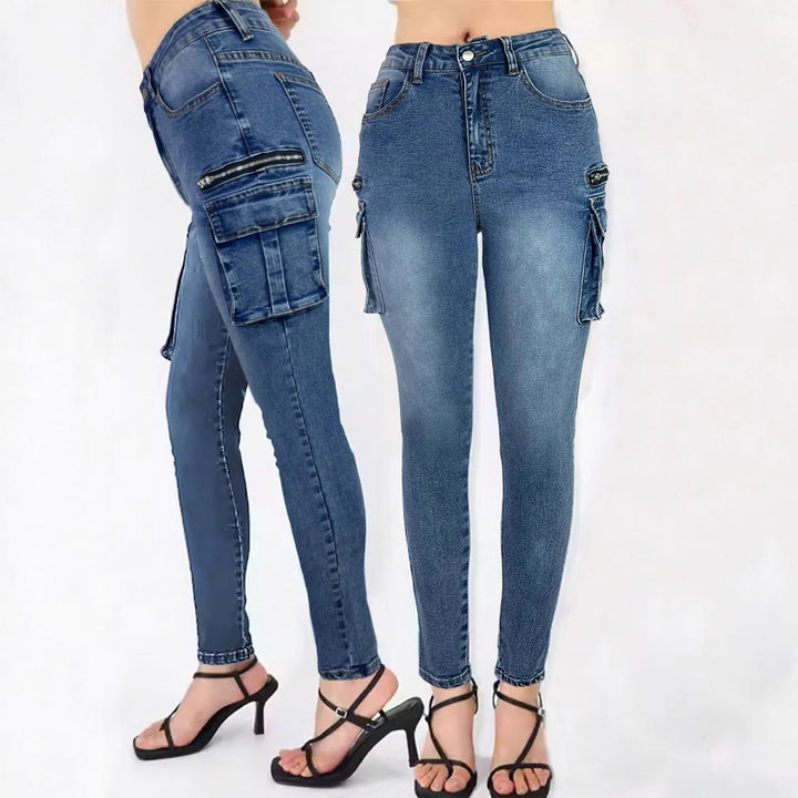 Damen High‑Waist Slim‑Cargo‑Jeans mit Klappentaschen und Reißverschluss-Details Drune