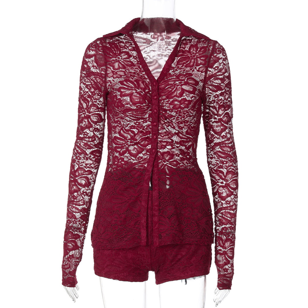 Damen Elegante Spitze Bluse mit langen Ärmeln und femininer Silhouette Drune