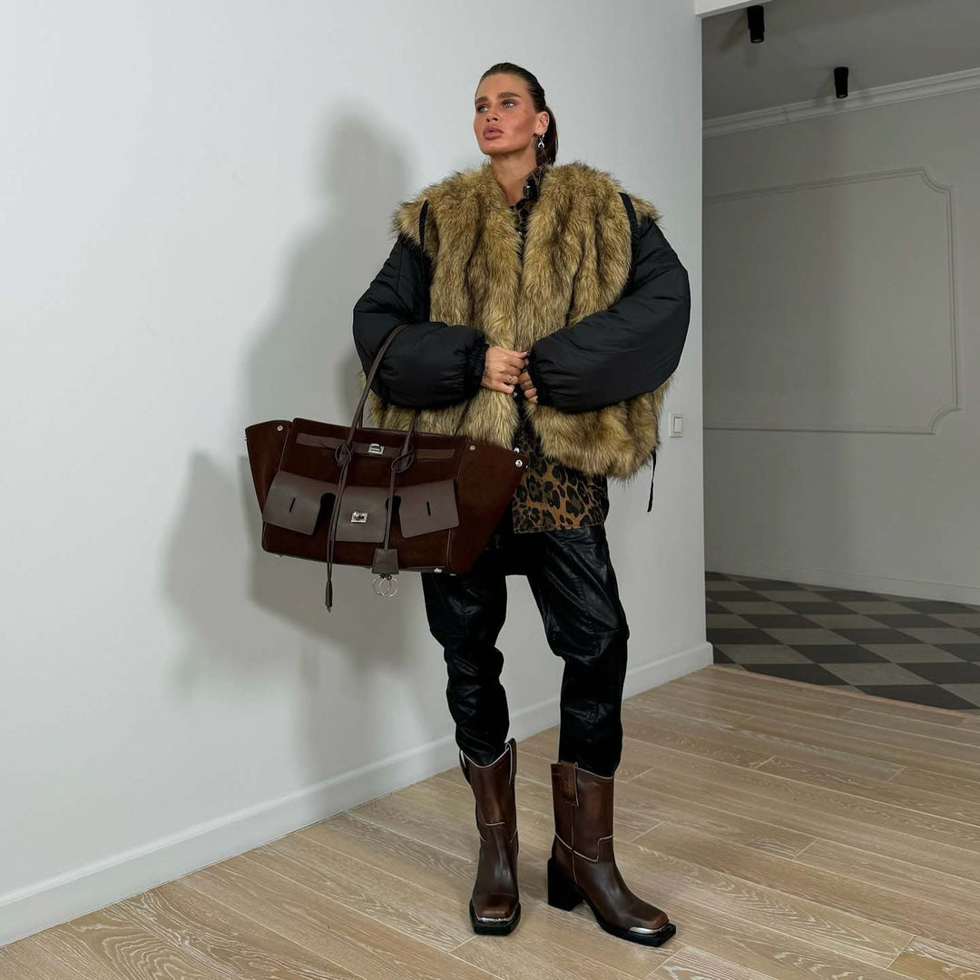 Damen Modische Jacke mit Kunstfellkragen Drune