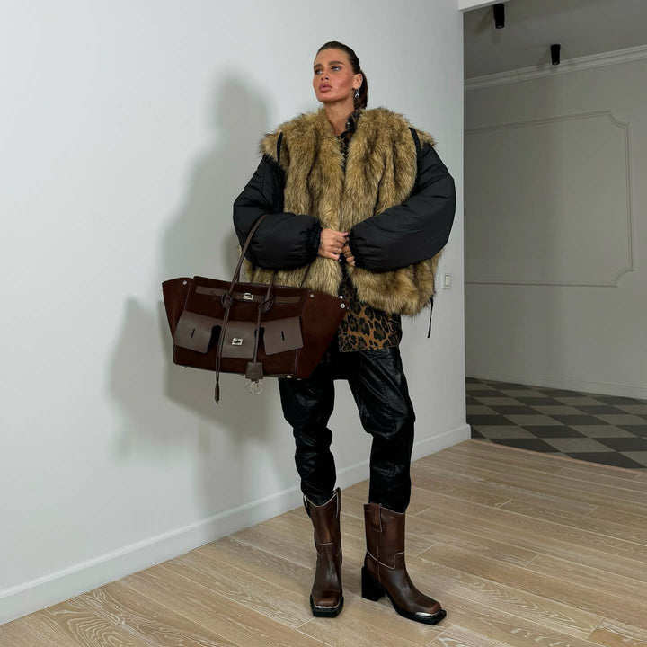 Damen Modische Jacke mit Kunstfellkragen Drune