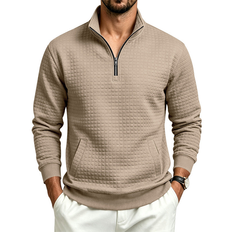 Herren Strukturiertes Stehkragen-Halbzip-Sweatshirt mit Karomuster und Kängurutasche Drune