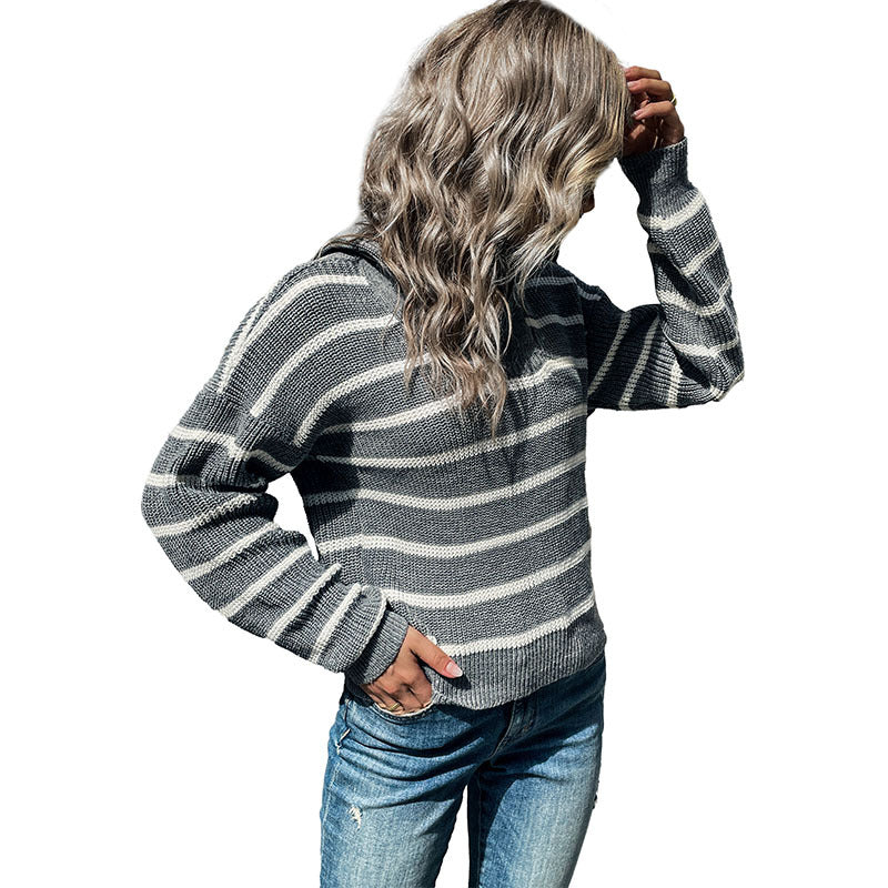 Damen Maritimer Streifenpullover aus Grobstrick mit kurzem Saum und Stehkragen Drune