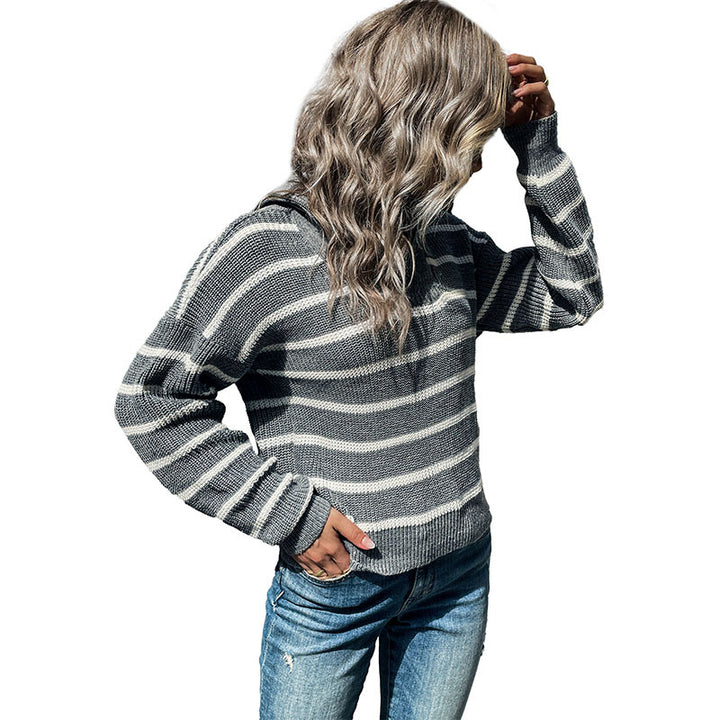 Damen Maritimer Streifenpullover aus Grobstrick mit kurzem Saum und Stehkragen Drune