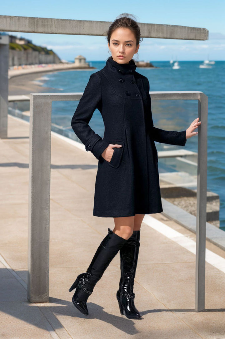 Damen Taillierter Wollmix-Mantel mit hohem Stehkragen und A-Linien-Silhouette Drune