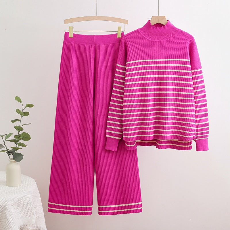 Damen gemütliches Strick-Loungewear-Set mit quer gestreiften Details Drune