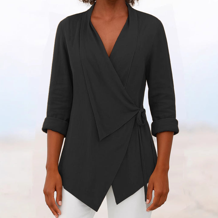 Damen Asymmetrische Wickelbluse mit Schalkragen und 3/4-Ärmeln Drune