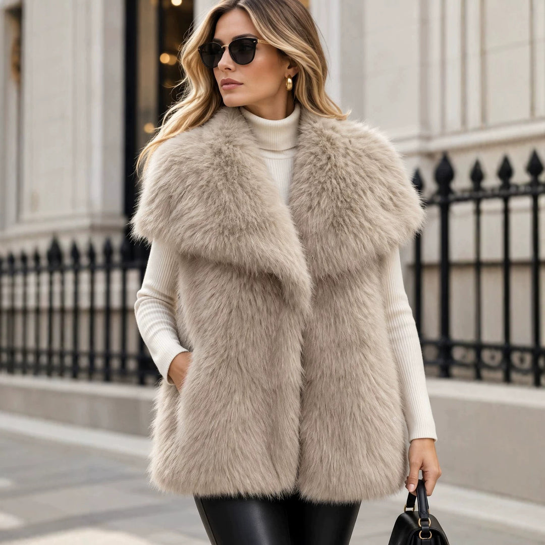 Damen Ärmellose Luxus‑Faux‑Fur‑Weste mit extraweichem Langflor und übergroßem Schalkragen Drune