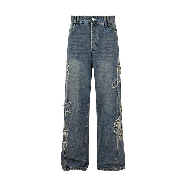 Damen Jeans mit hohem Bund, weitem Beinverlauf, Stick- und Destroy-Details Drune