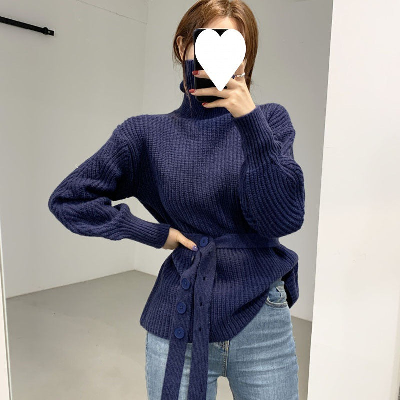 Damen Grobstrickpullover mit hohem Kragen und taillierbarem Gürtel Drune