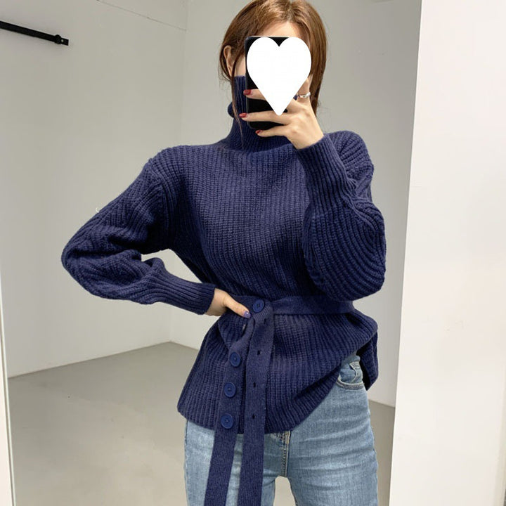 Damen Grobstrickpullover mit hohem Kragen und taillierbarem Gürtel Drune