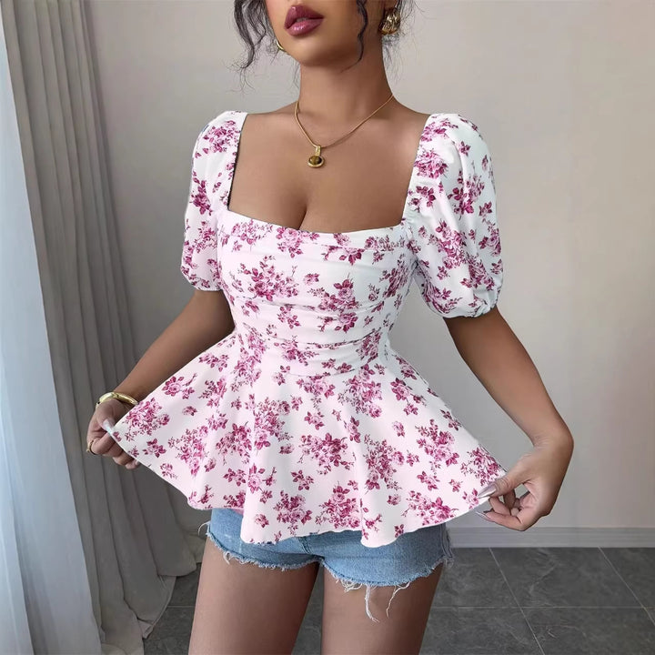 Damen Peplum-Bluse mit Puffärmeln und floralem Design Drune