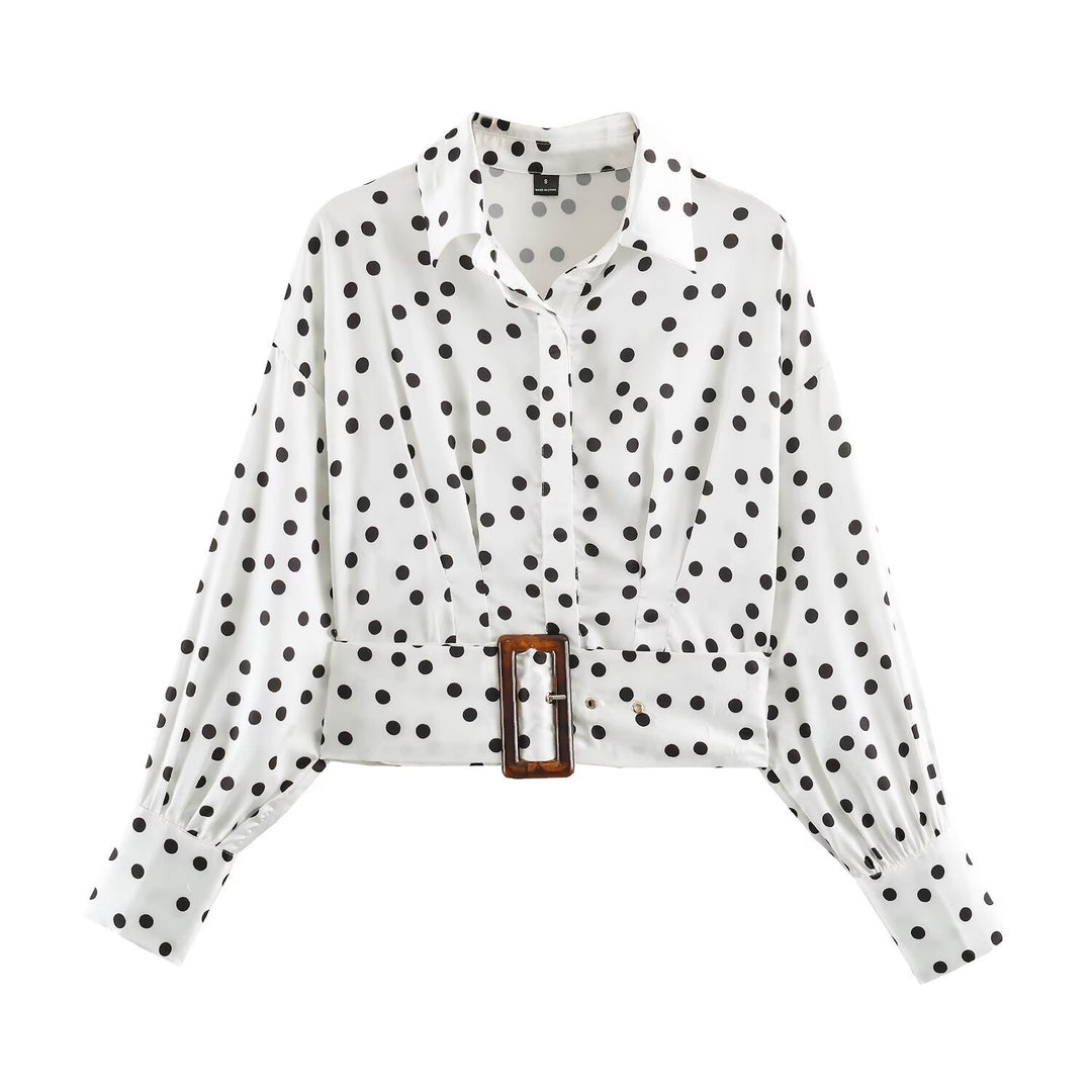 Damen Gepunktete Cropped-Hemdbluse mit breitem Taillengürtel und Ballonärmeln Drune
