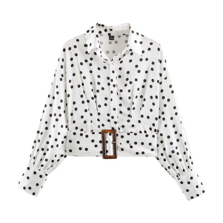 Damen Gepunktete Cropped-Hemdbluse mit breitem Taillengürtel und Ballonärmeln Drune