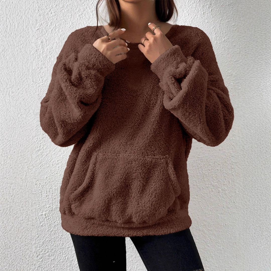 Damen Kuscheliger Teddy-Fleece-Pullover mit Kängurutasche Drune