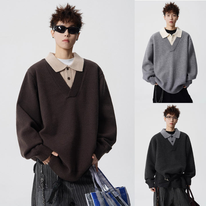 Damen Modischer Grobstrickpullover mit V-Ausschnitt und Kragen Drune
