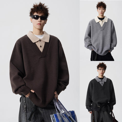 Damen Modischer Grobstrickpullover mit V-Ausschnitt und Kragen Drune