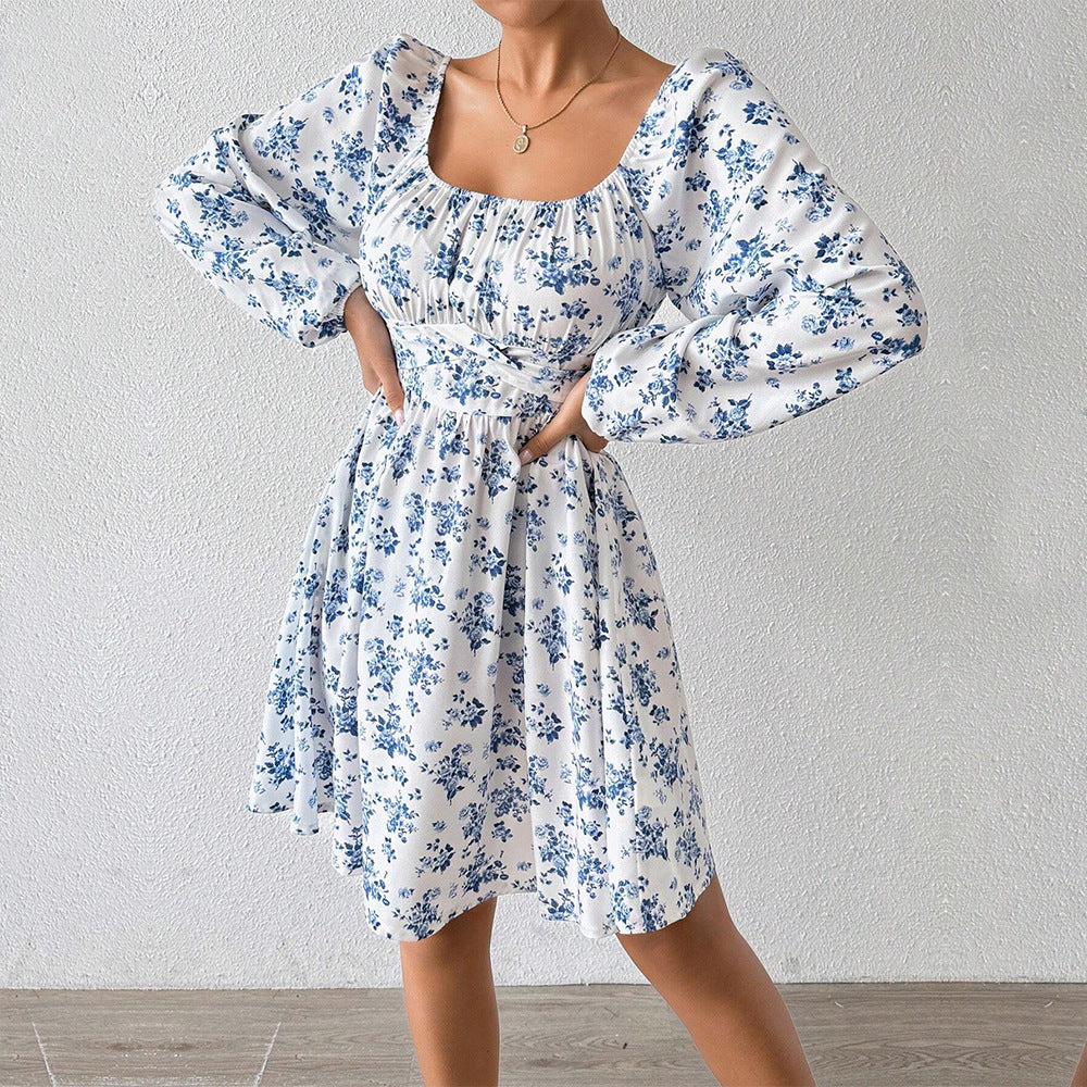 Damen luftiger Blumenkleid mit eleganter Raffung und langen Ärmeln Drune