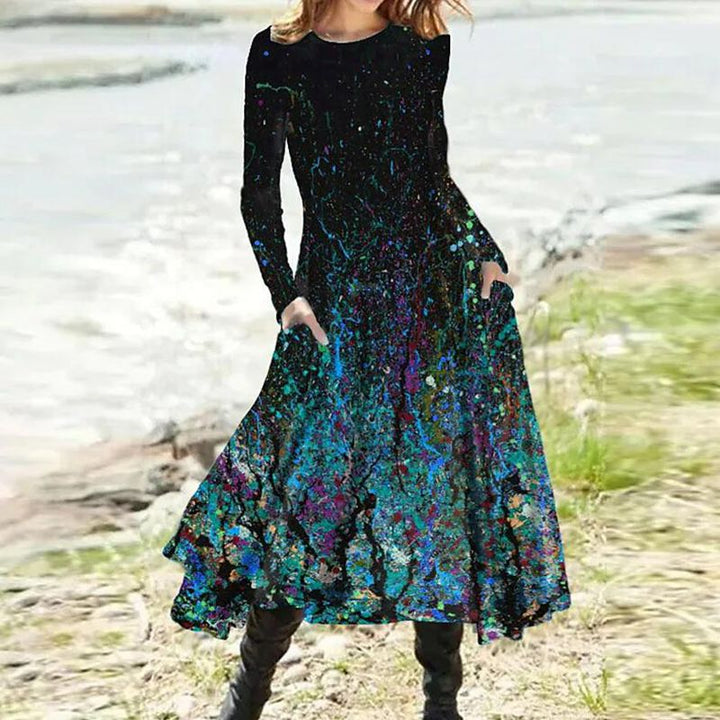 Damen nan A-Linien-Midikleid mit abstraktem Spritzmuster, Rundhalsausschnitt, langen Ärmeln und Eingrifftaschen Drune