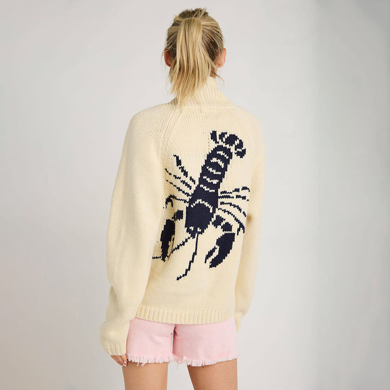 Damen Grobstrick Rollkragenpullover mit Hummer-Intarsie und lässiger Oversize-Passform Drune