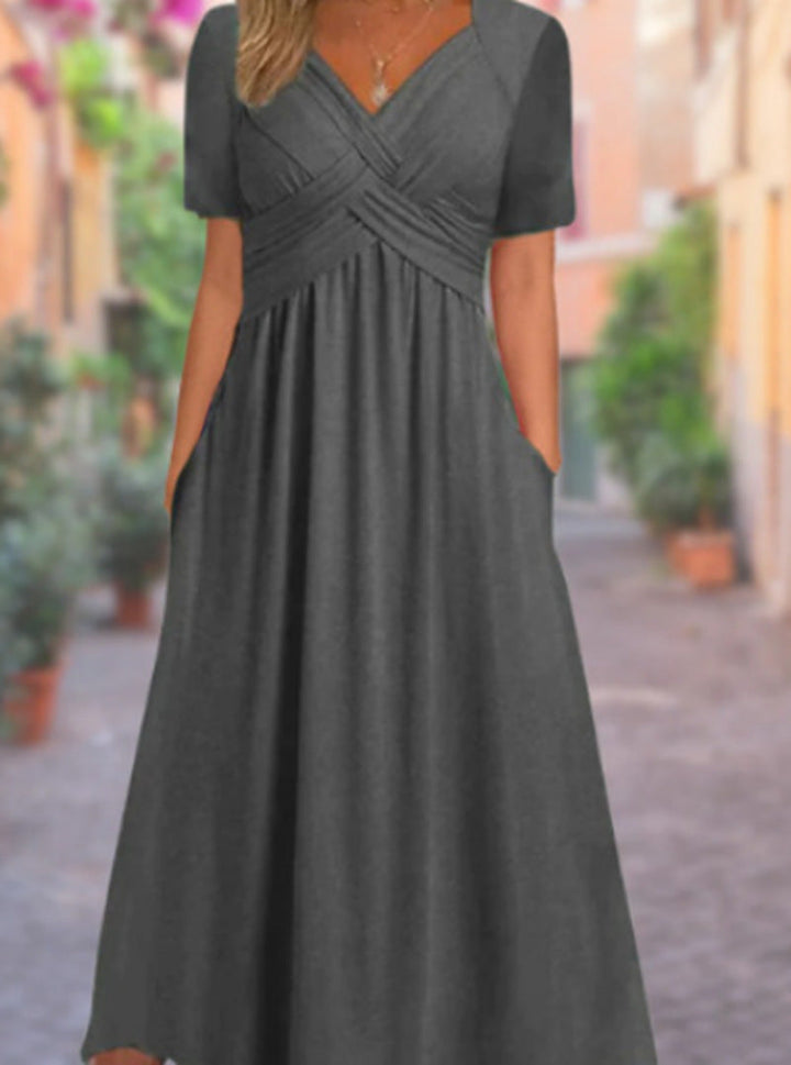 Damen nan luftiges V-Ausschnitt Midikleid mit überkreuzter Brustpartie, kurzen Ärmeln und Eingrifftaschen Drune
