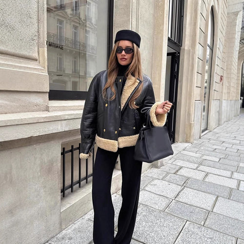 Damen Kurzjacke im Aviator‑Stil mit Teddy‑Innenfutter und doppelreihiger Druckknopffront Drune