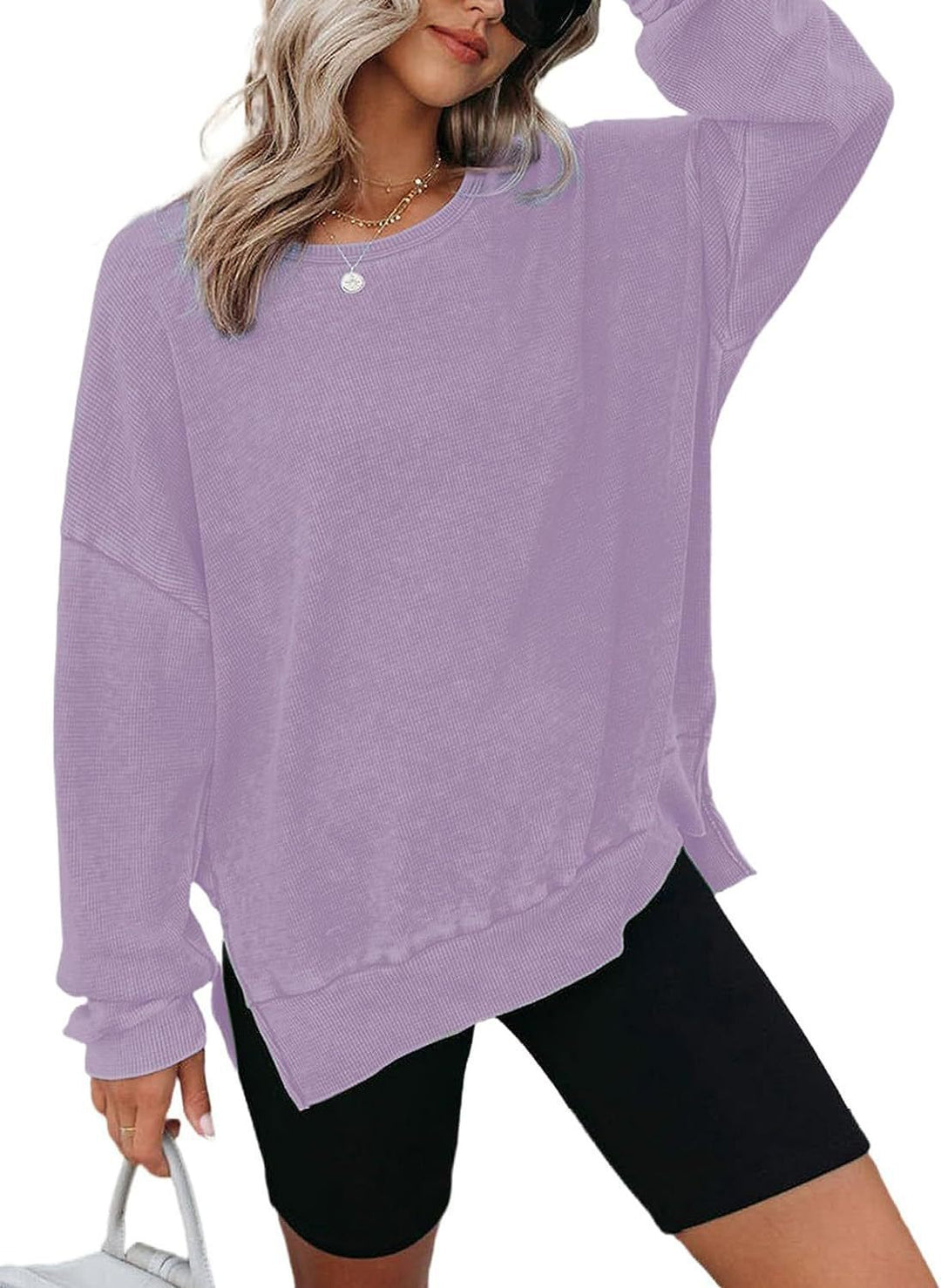 Damen Lässiger Waffelpullover mit modernen Seitenschlitzen Drune