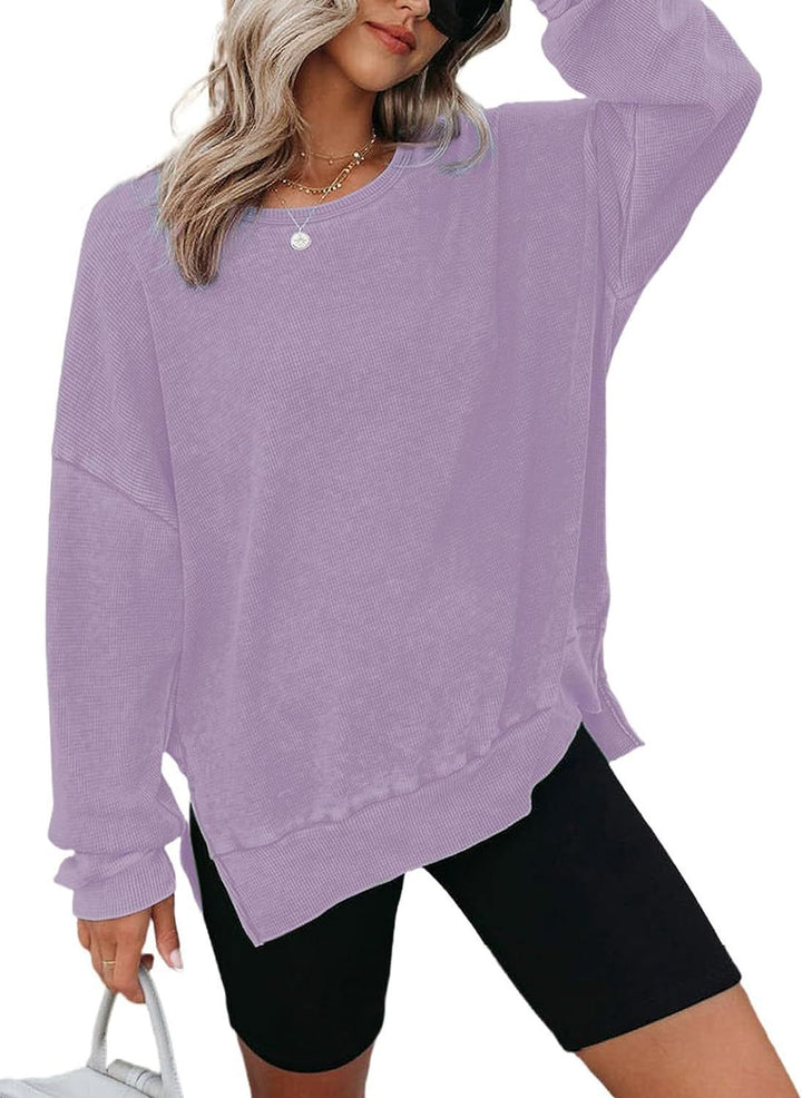 Damen Lässiger Waffelpullover mit modernen Seitenschlitzen Drune