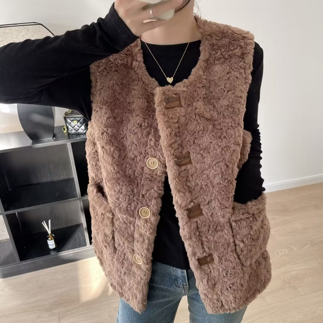 Damen gemütliche Teddy-Weste mit großen Taschen Drune