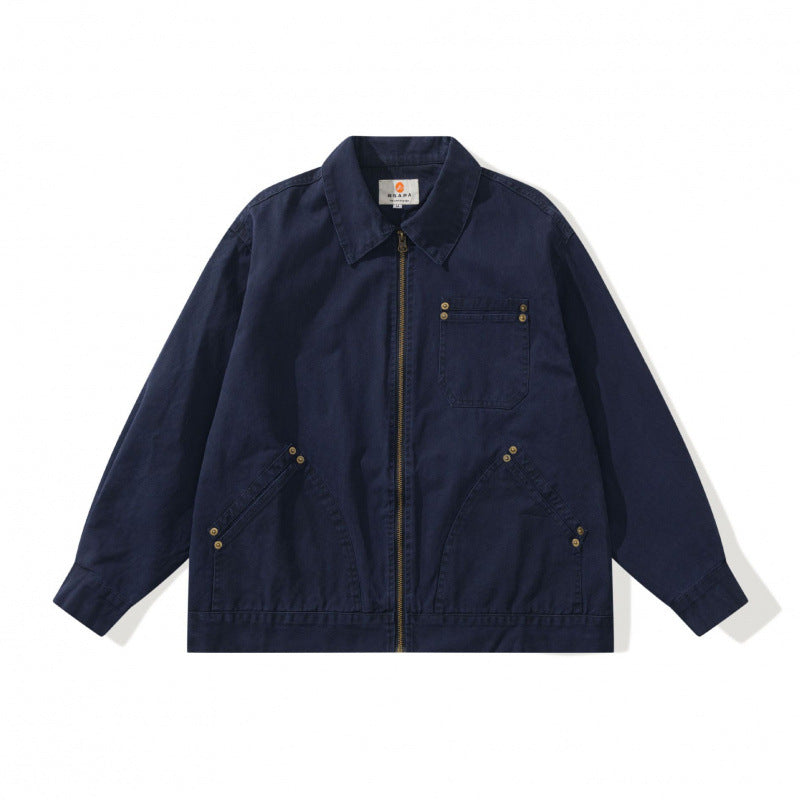 Unisex Kastenförmige Canvas-Worker-Jacke mit Frontreißverschluss und Nietapplikationen Drune