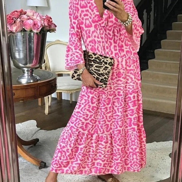 Damen Maxikleid mit tierischem Muster und voluminösen Ärmeln Drune