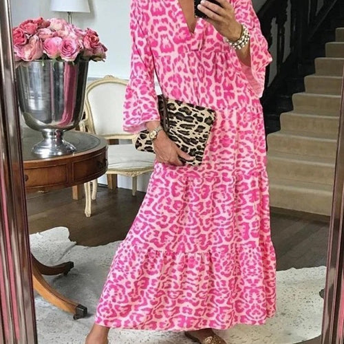 Damen Maxikleid mit tierischem Muster und voluminösen Ärmeln Drune
