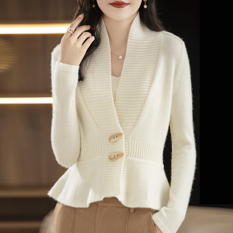 Damen elegante Strickjacke mit Wickeloptik und Knopfdetail Drune