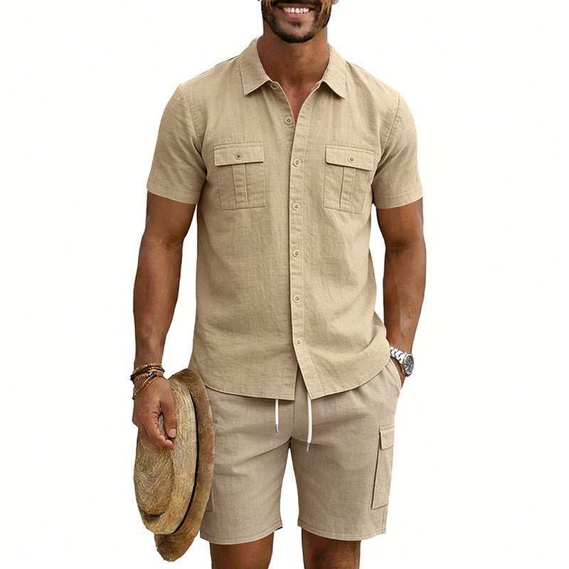 Herren nan sommerliches Freizeitset aus Baumwoll-Leinenmix mit Kurzarm-Hemd und Cargo-Shorts Drune