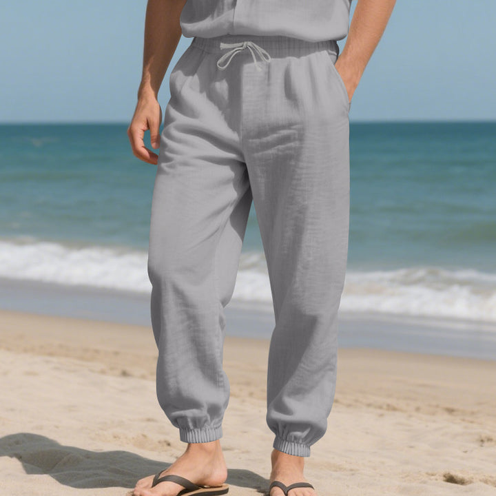 Herren Leinenoptik-Loungehose mit elastischem Bund, Kordelzug & gerippten Knöchelabschlüssen Drune