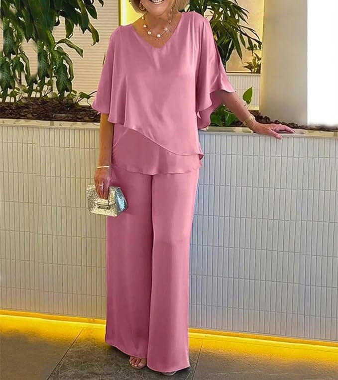 Damen elegante Kombination aus fließendem Oberteil und weitem Hosendesign Drune