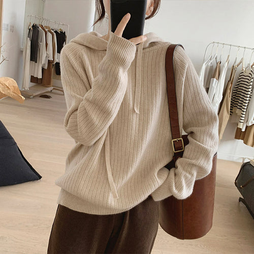 Damen lässiger Strickpullover mit Kapuze und feinem Rippenmuster Drune