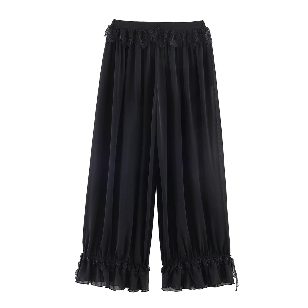Damen Plissee-Party-Hose mit Spitzenbesatz und elastischem Bund Drune