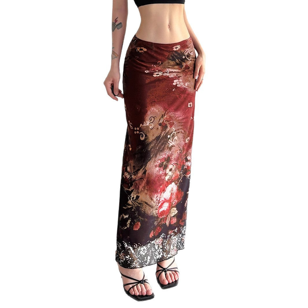 Damen Langes Satin-Chiffon Maxirock mit floralem Aquarellprint Drune
