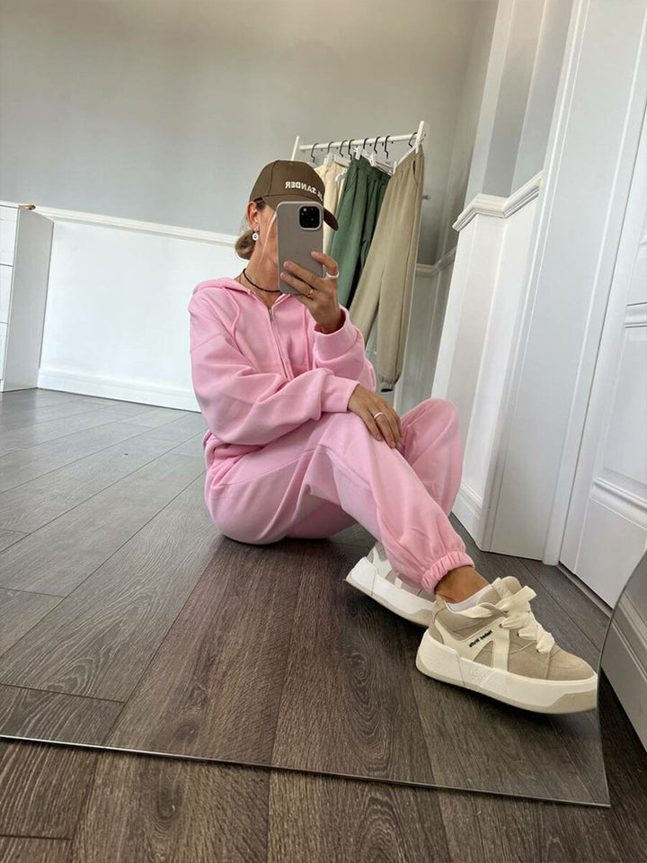 Damen lässiges Kapuzen-Sweatshirt und Jogginghose Set in Oversize-Passform mit Reißverschluss und Kängurutasche Drune