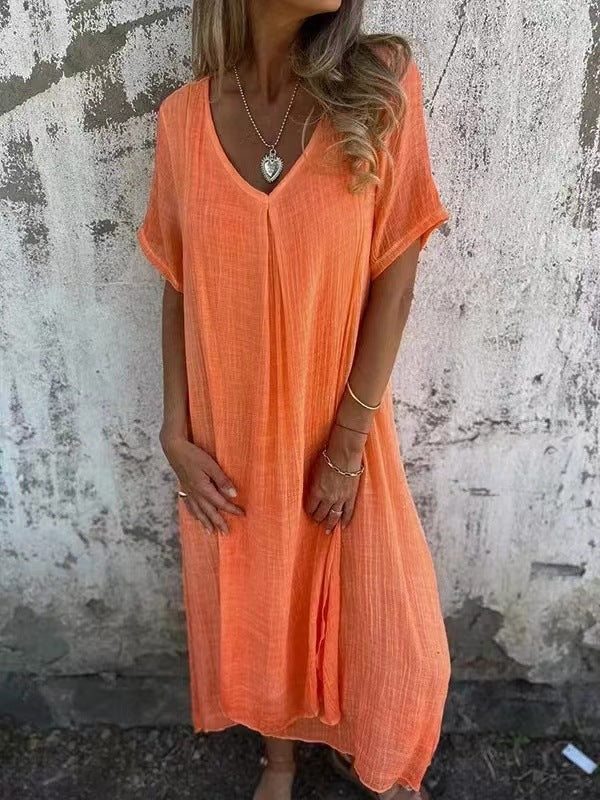 Damen Leichtes Sommerkleid mit V-Ausschnitt und weiten Ärmeln Drune