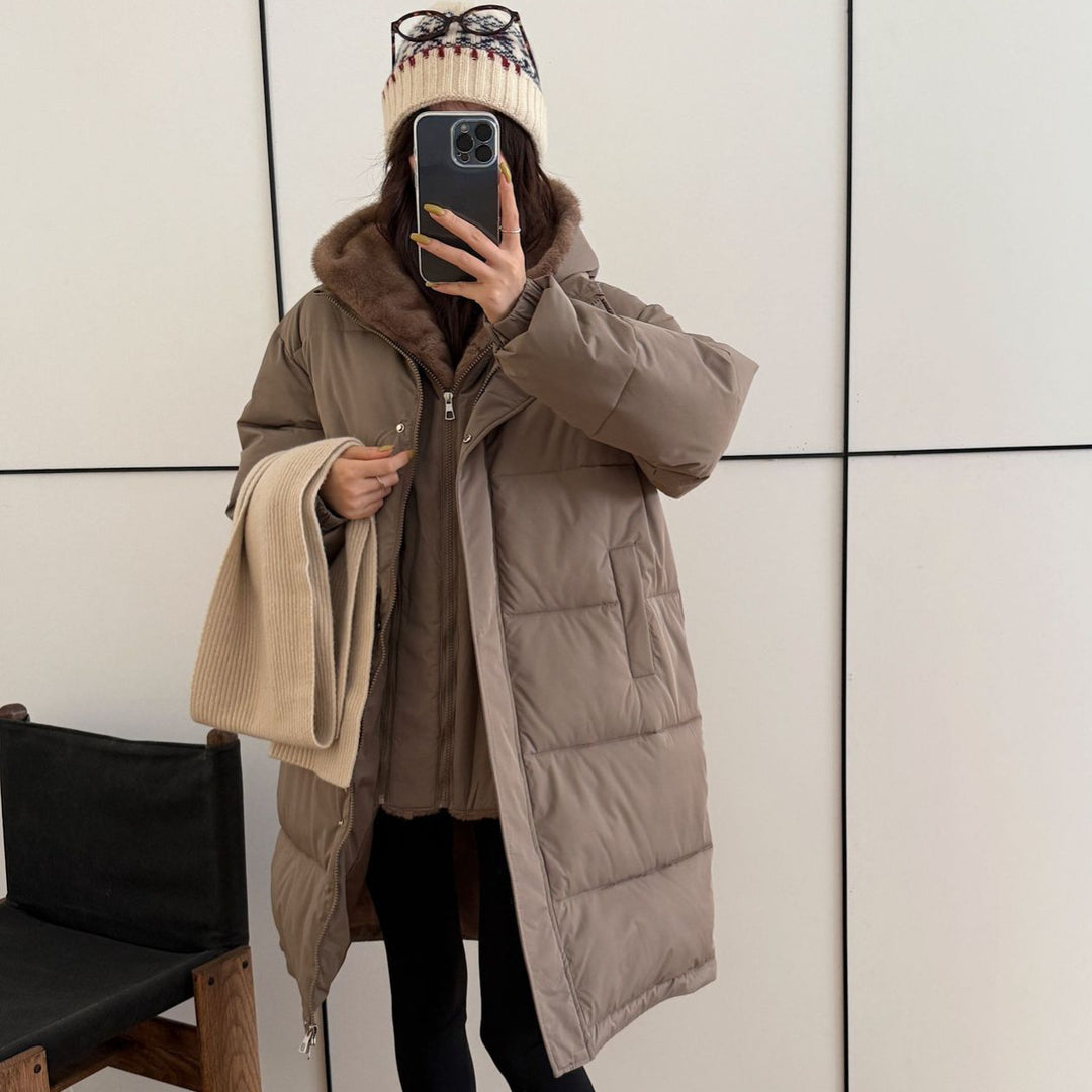 Damen Eleganter gefütterter Winterparka mit Plüschkragen und praktischen Taschen Drune