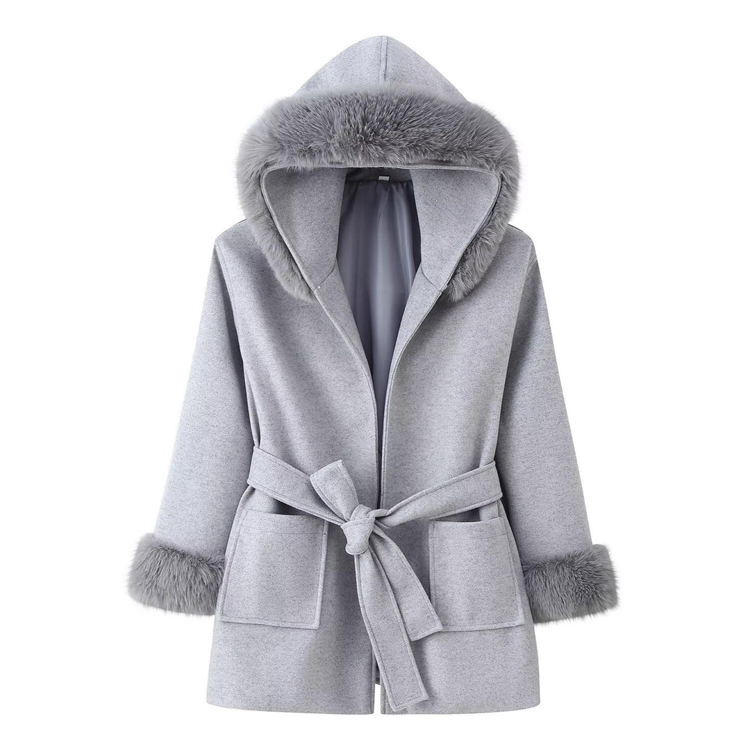 Damen Kapuzen-Wollmix-Mantel mit Bindegürtel und Faux-Fur-Besatz Drune