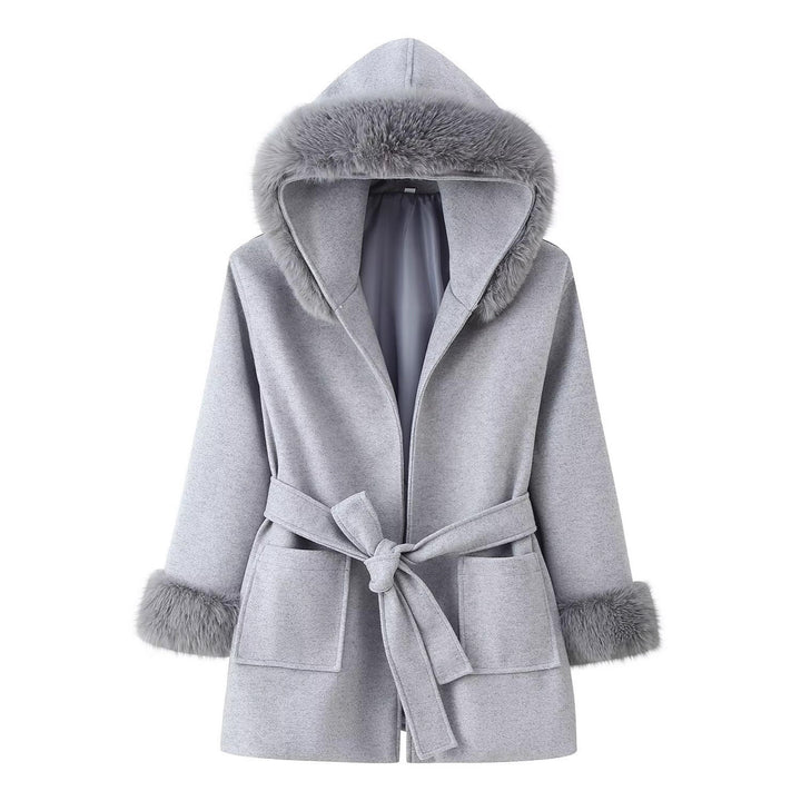 Damen Kapuzen-Wollmix-Mantel mit Bindegürtel und Faux-Fur-Besatz Drune