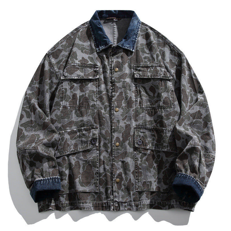 Herren Boxy-Jeansjacke im Camouflage-Muster mit Kontrastkragen und Mehrfachtaschen Drune