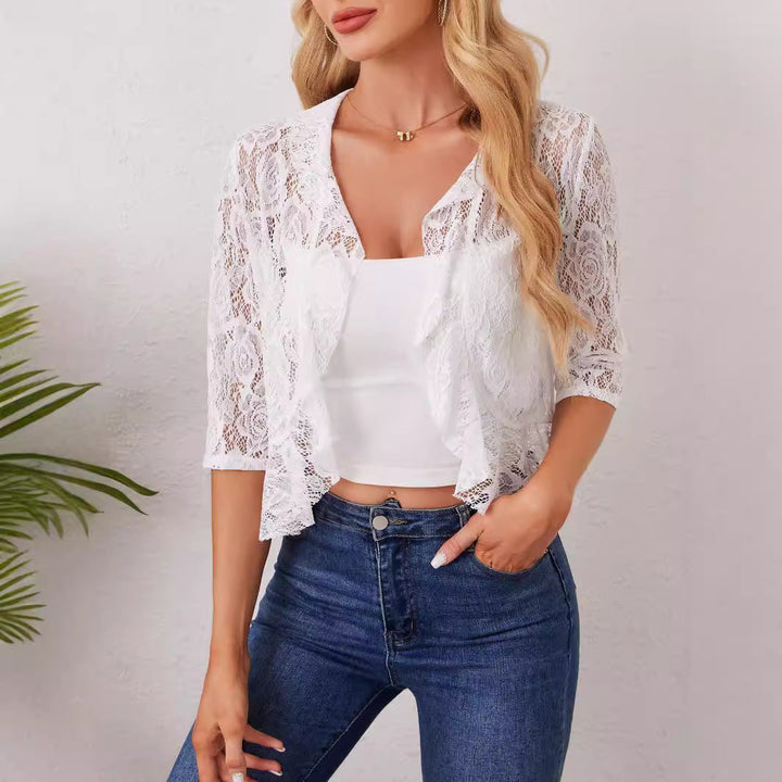 Damen Spitzenjacke mit romantischem Schnitt und dekorativen Rüschen Drune